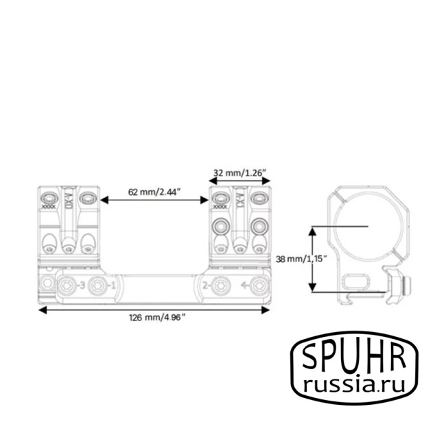 SP-7002 Тактический кронштейн Spuhr кольца 40мм на Picatinny/Weaver L=126мм Н=38мм фото 2