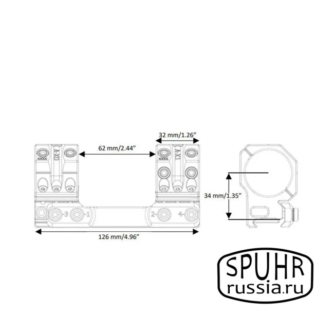 SP-3006 Тактический кронштейн Spuhr кольца 30мм на Picatinny/Weaver L=126мм Н=34мм фото 3