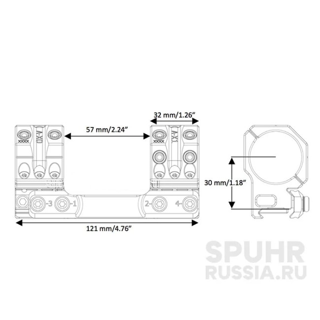 SP-4901 Тактический кронштейн Spuhr кольца 34мм на Picatinny/Weaver наклон 9 MIL/30,9MOA L=121мм Н=30мм  фото 2