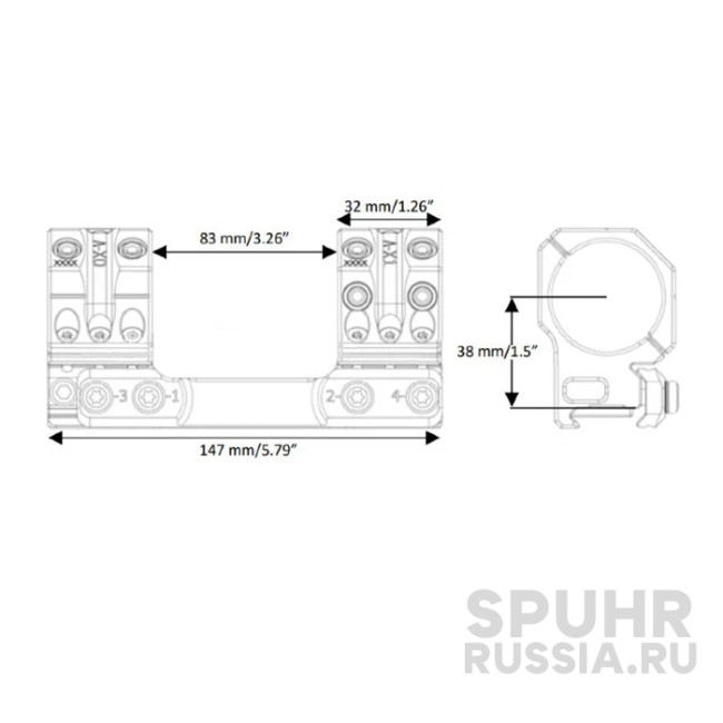 SP-4803B Тактический кронштейн Spuhr кольца 34мм на Picatinny/Weaver для прицелов BEAST наклон 13 MIL/44,4MОА L=147мм Н=38мм  фото 2