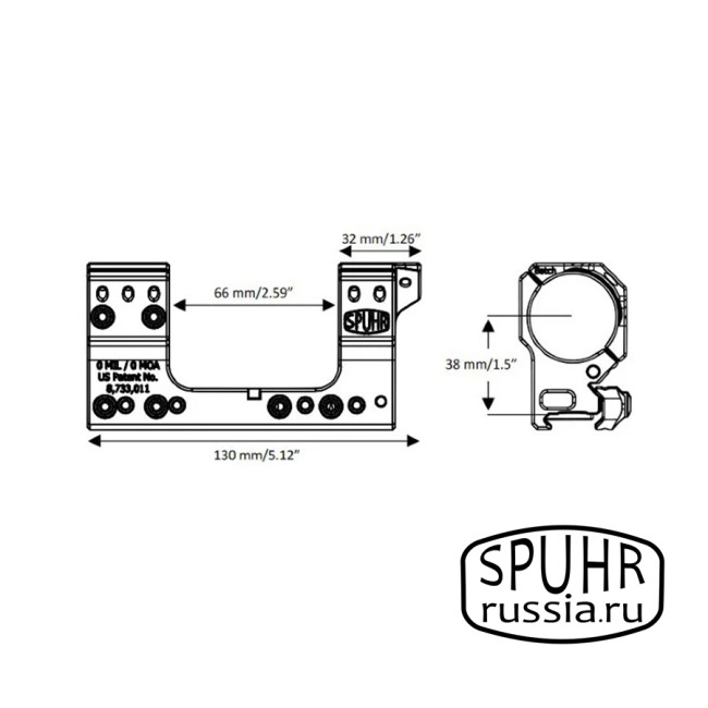 SP-4902 Тактический кронштейн Spuhr кольца 34мм на Picatinny/Weaver наклон 9 MIL/30,9MOA L=121мм Н=38мм фото 2