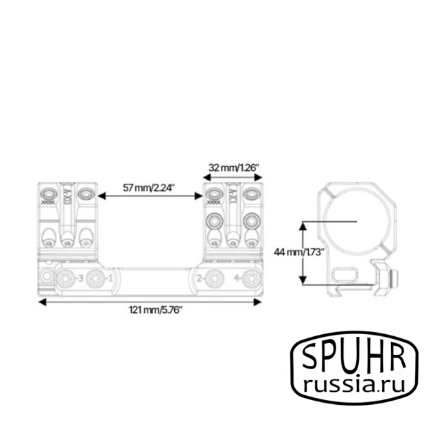SP-41808 Тактический кронштейн Spuhr кольца 34мм на Picatinny/Weaver наклон 18 MIL/61,8MOA L=121мм Н=44мм фото 2
