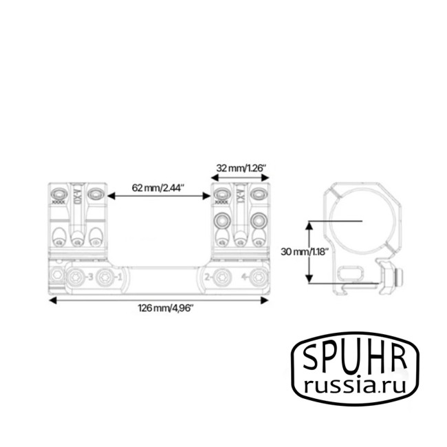 SP-7601 Тактический кронштейн Spuhr кольца 40мм на Picatinny наклон 6 MIL/20,6МОА L=126мм H=30мм фото 2
