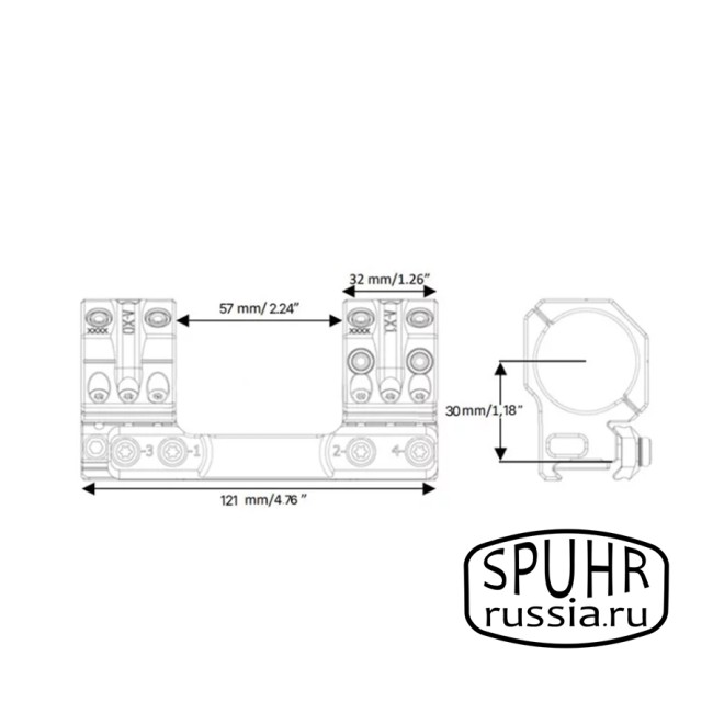 SP-4001 Тактический кронштейн Spuhr кольца 34мм на Picatinny/Weaver L=121мм Н=30мм фото 2