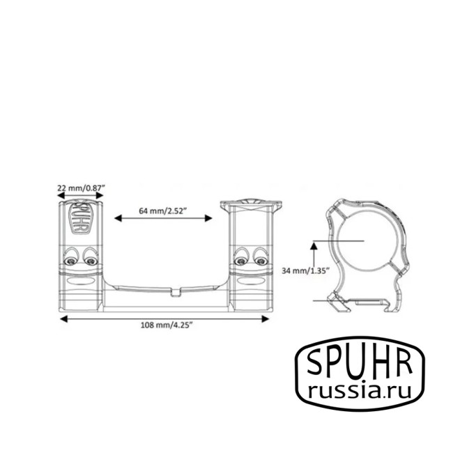 SCP-3006 Тактический кронштейн Spuhr кольца 30мм с одним интерфейсом на Picatinny/Weaver L=118мм Н=34мм фото 2