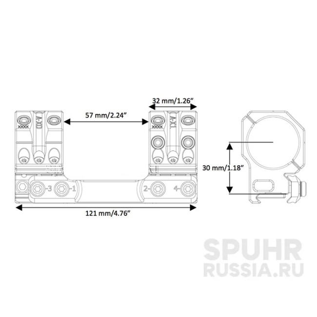 SP-4301 Тактический кронштейн Spuhr кольца 34мм на Picatinny/Weaver наклон 3 MIL/10,3MOA L=121мм Н=30мм фото 2