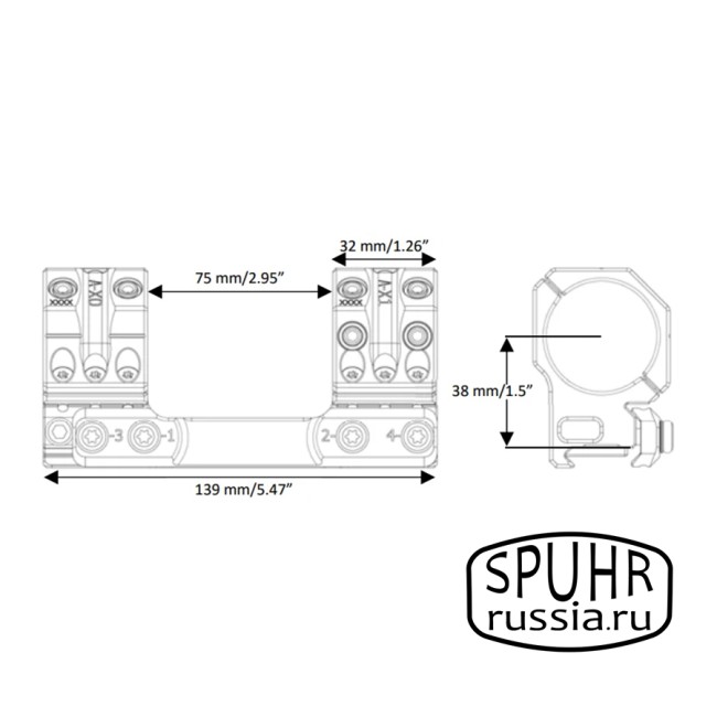 SP-61602 Тактический кронштейн SPUHR D36мм для установки на Picatinny, H38мм, наклон 16MIL/55MOA фото 2